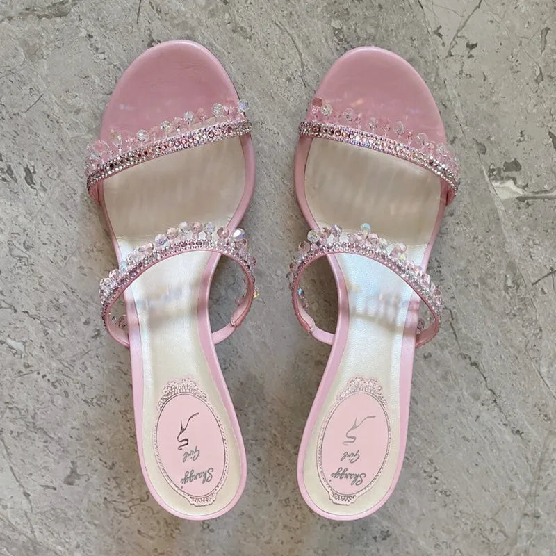 2025 Summer New Sexy Women Sandals Thin Heel Rhinestone High Heels Open Toe Backless Slippers Fairy Style
