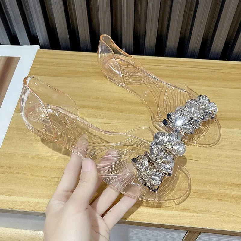 Bingbing Sparkling Jelly Sandals Women's Summer Crystal Flat Heel Transparent Outer Wear Sandals PVC Material Chinese Origin