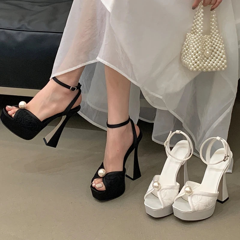 Eilyken New Summer Fashion Peep Toe Sandals Women Buckle Strap Mesh Satin Pearl Square Heels Party Shoes Zapatos De Mujer