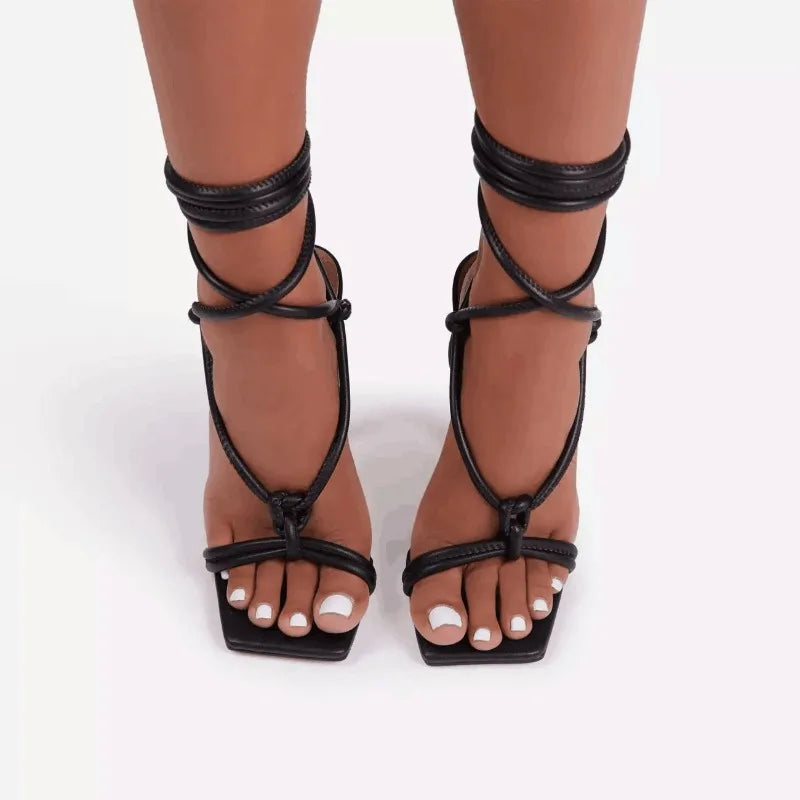 Fashion Sexy Lace Up Women Sandals Square Toe Thin Heel Sandal Shoes Cross Tied Party Pumps High Heels Shoe
